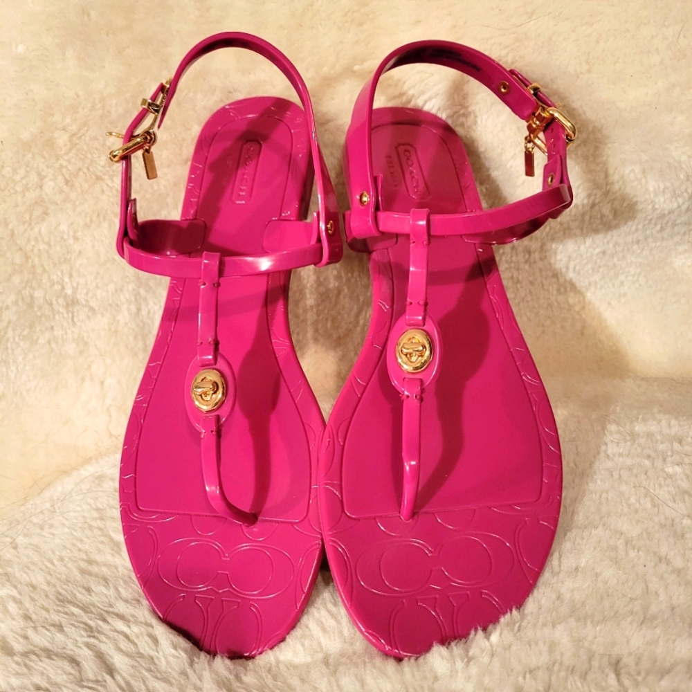 COACH Piers Black Jelly Strappy Thong Sandals Womens, 8B Gold Hardware, Fuschia